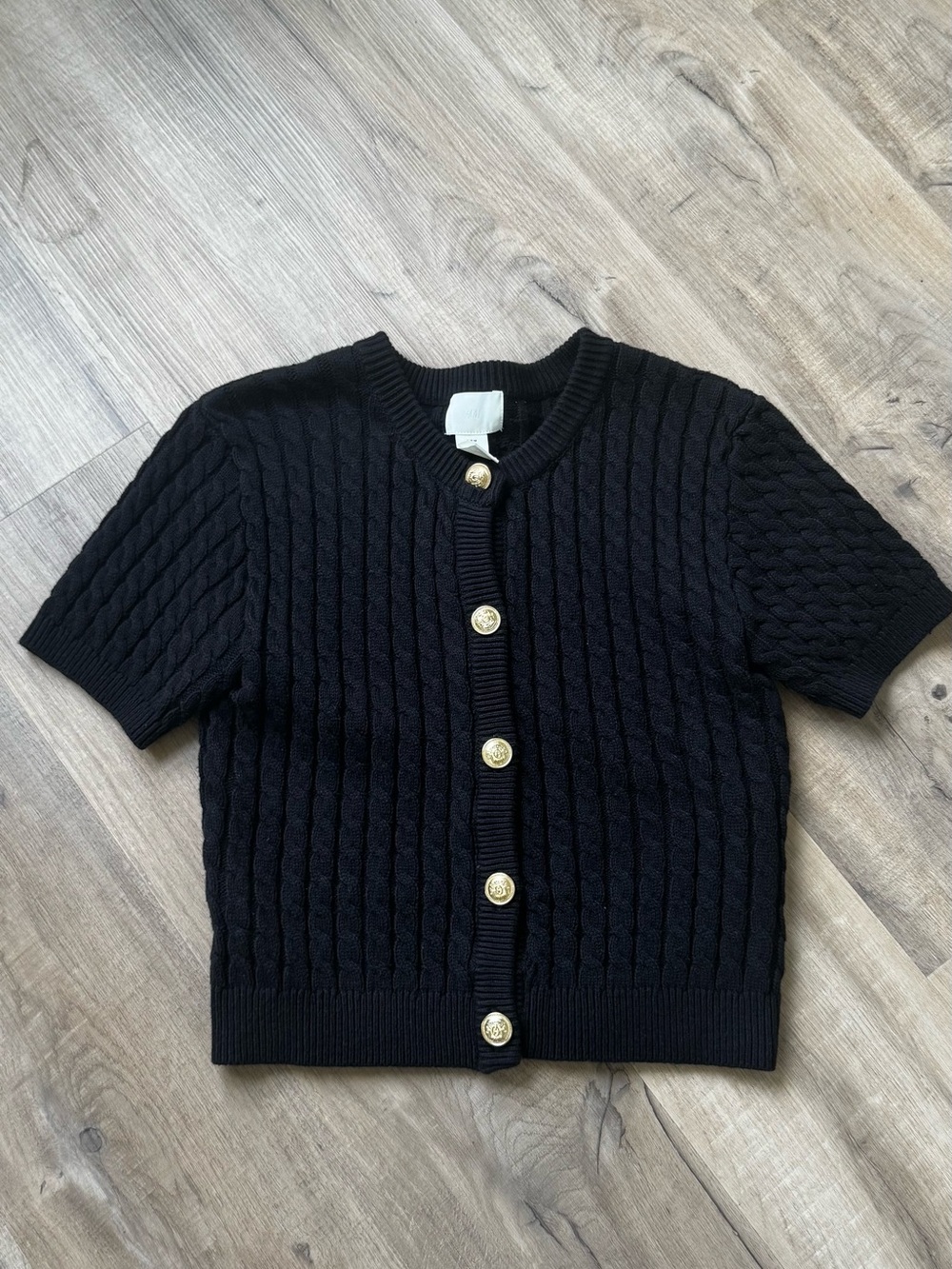 H&M Black Short-Sleeve Cable Knit Cardigan with Gold Buttons